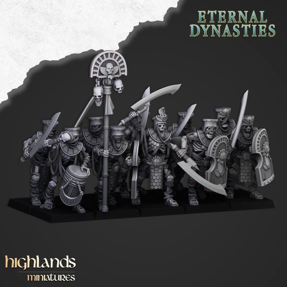 A 3d render of a unit of ten ancient guard with swords and a command unit