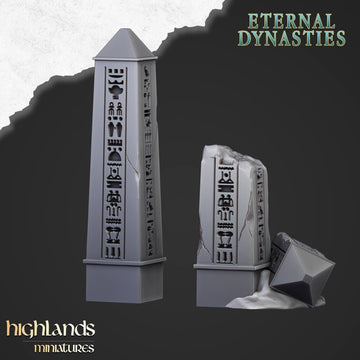 A render of two Eternal Dynasties Ancient Obelisks. One is still standing and the other has been broken in half.