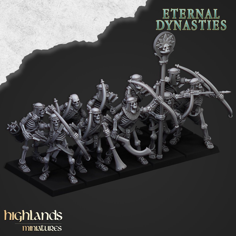 A 3d render of a unit of ancient skeletons with bows.