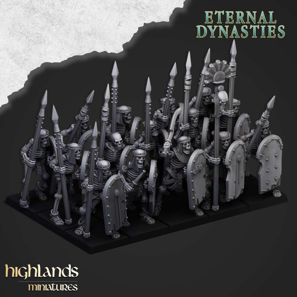 A 3d render of a unit of ancient skeleton warriors with spears.