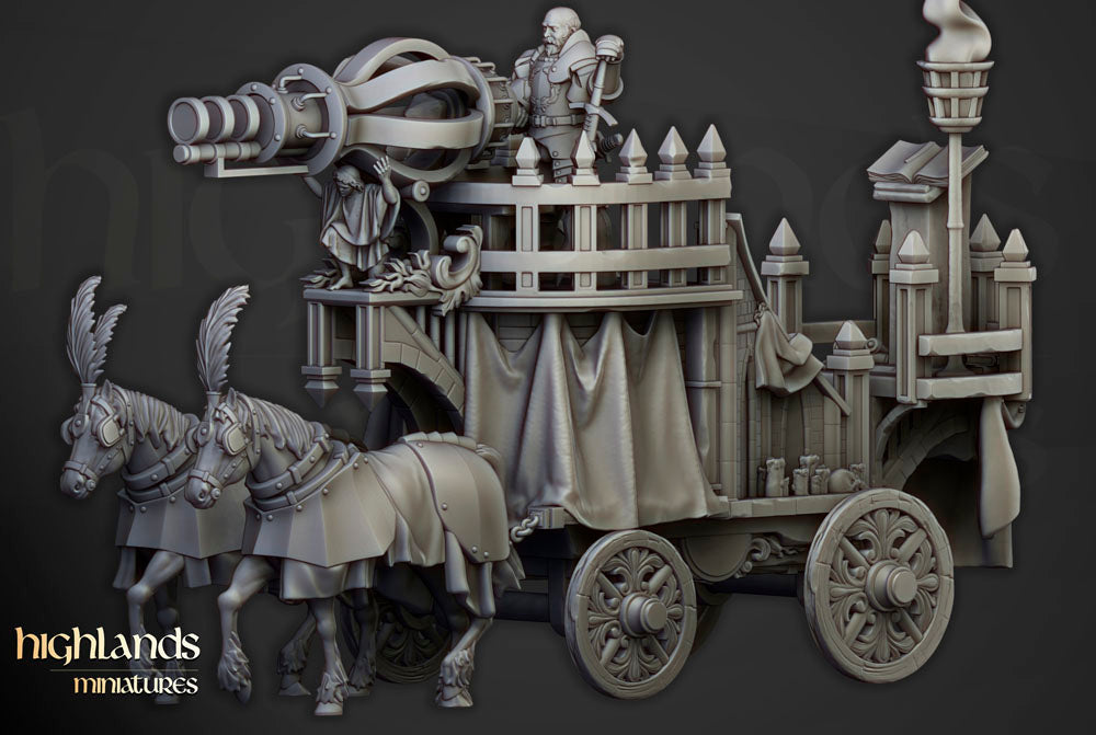 A 3d render of the Arcane Cannon drawn by two warhorses