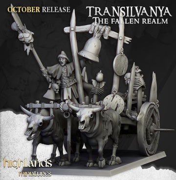 Transilvanya corpse cart drawn by 2 undead oxen and driven by a necromancer 3d render