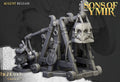 A 3d render of the dwarf old siege engine, this trebuchet is crewed by three dwarves