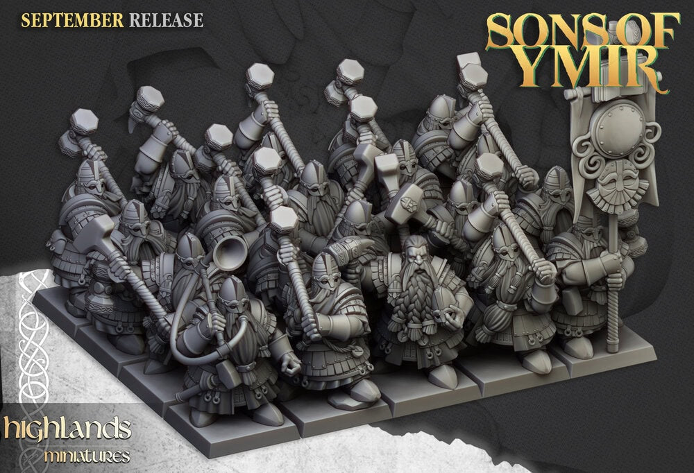 A 3d render of the Sons of Ymir Kingsguard unit armed with double handed hammers.