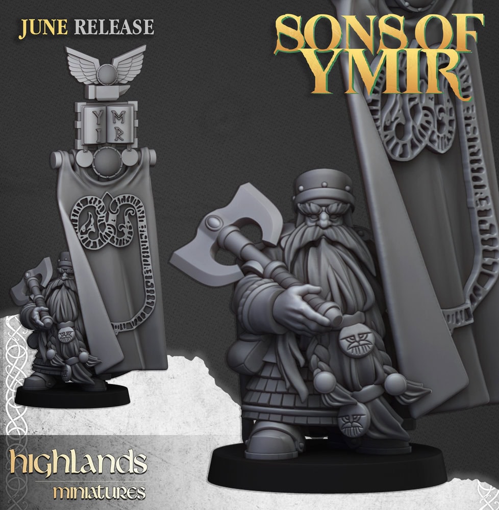 Sons of Ymir dwarf lord with battle banner 3d render