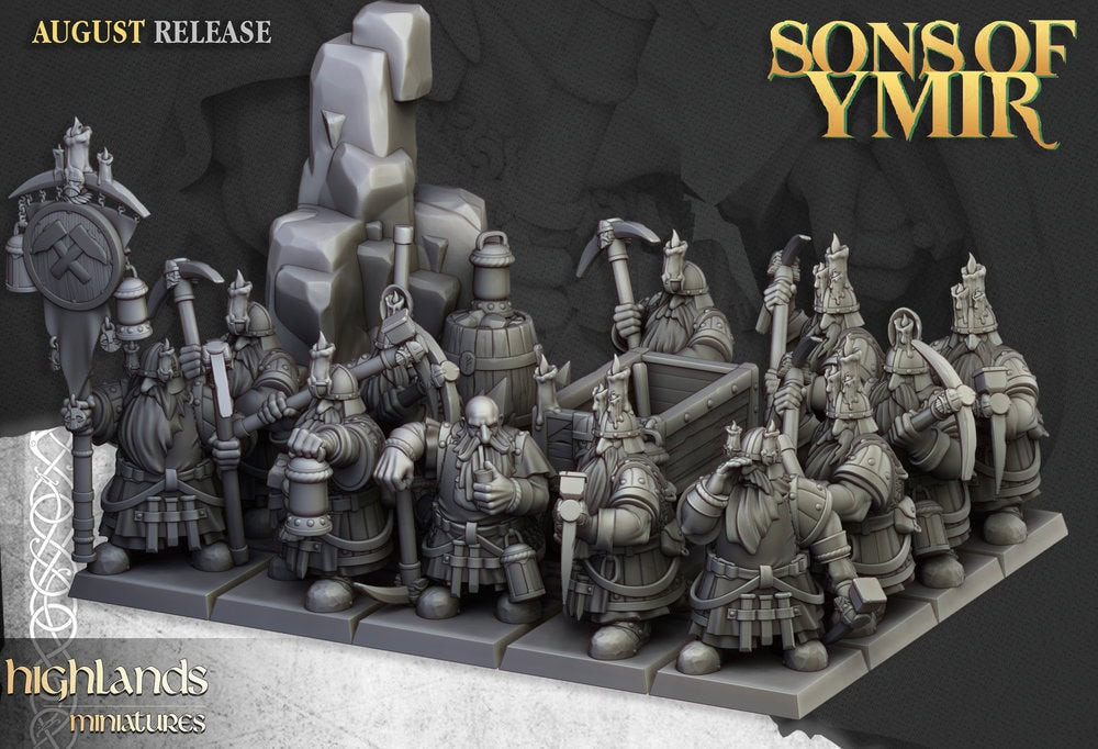 Sons of Ymir dwarf miners unit with mine cart 3d render