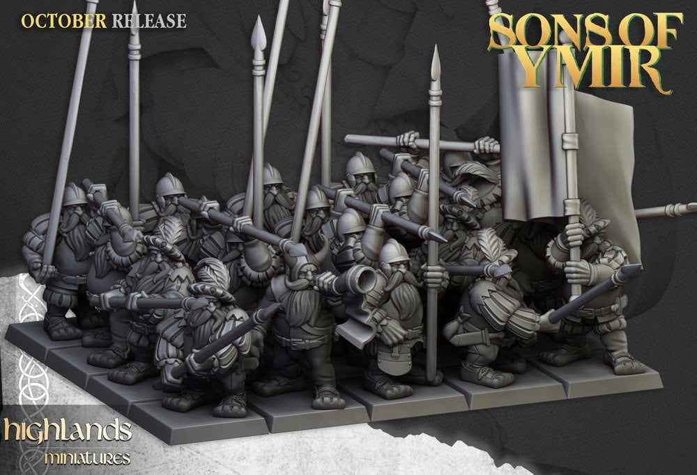 A 3d render of a Sons of Ymir dwarf pikemen unit