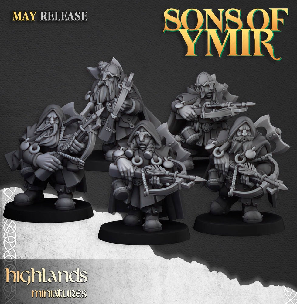 A 3d render of the five dwarf rangers for the Sons of Ymir