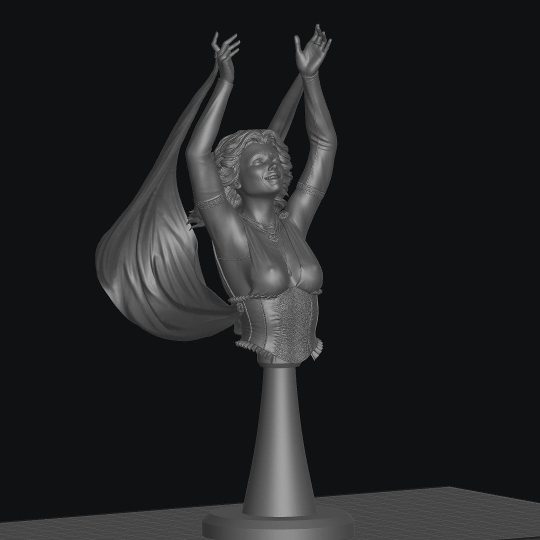 3d render of the Lyra bust , clothed version, of her raising her hands into the air