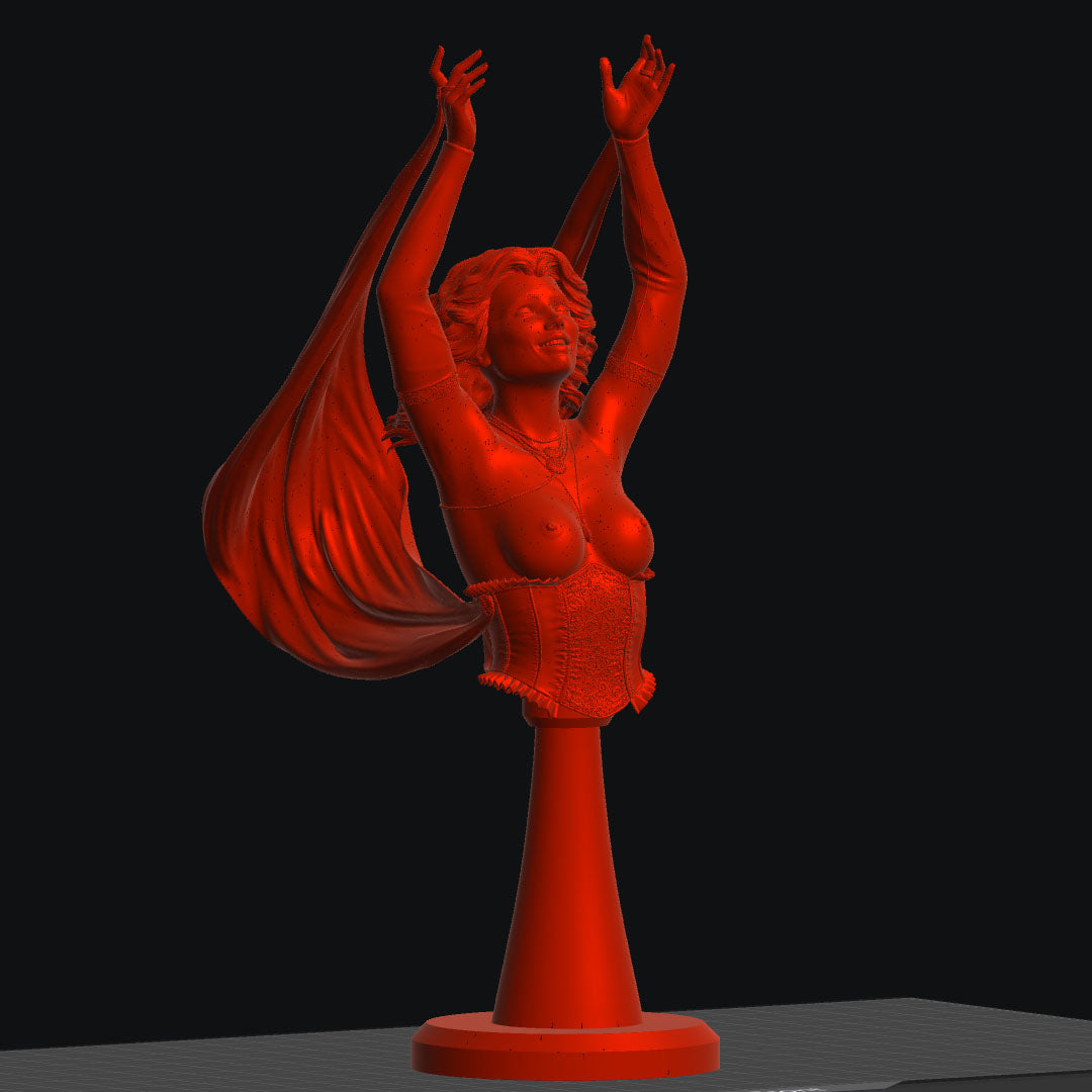 A 3d render of Lyra bust topless version of her raising her hands into the air.