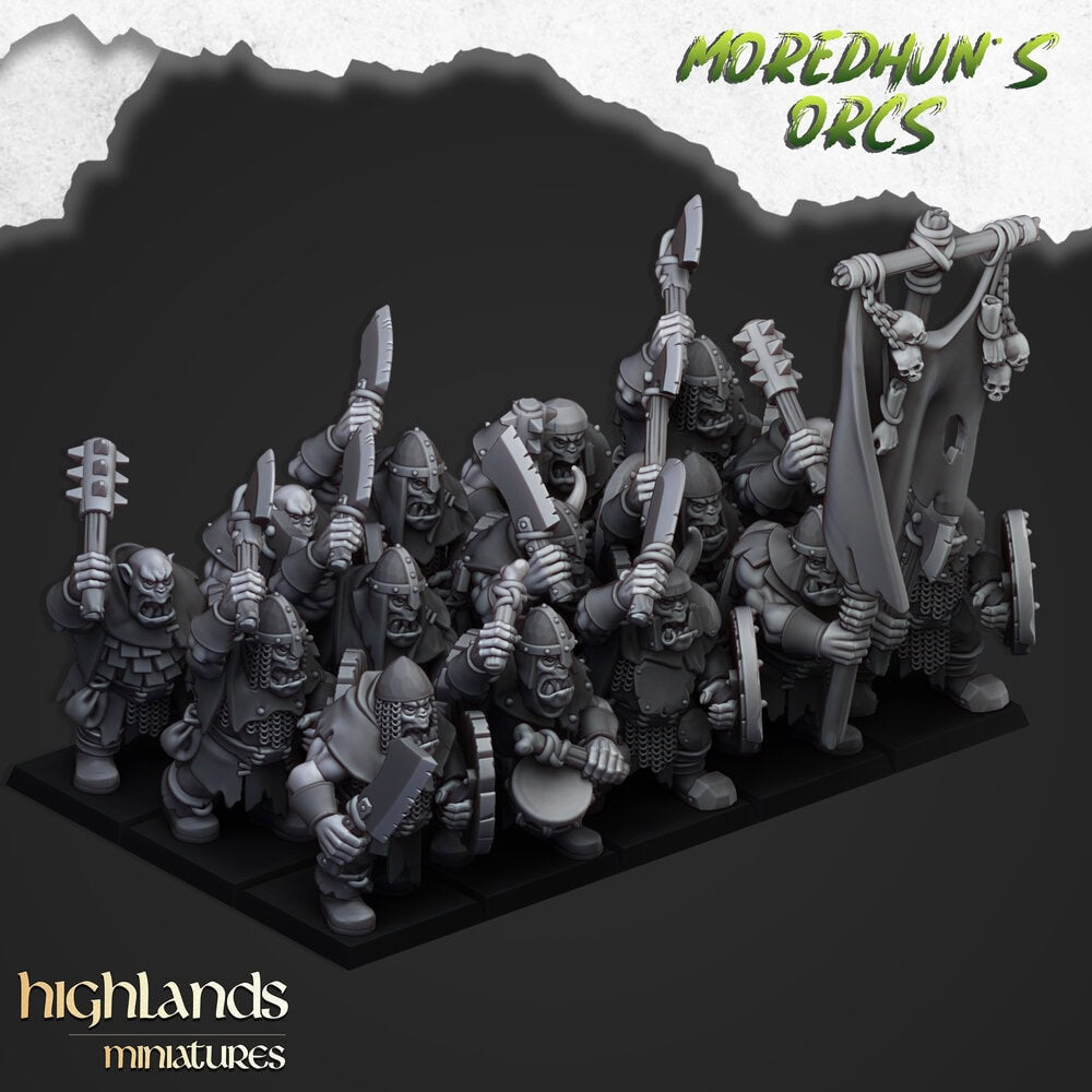 A 3d render of an orc warriors unit with hand weapons