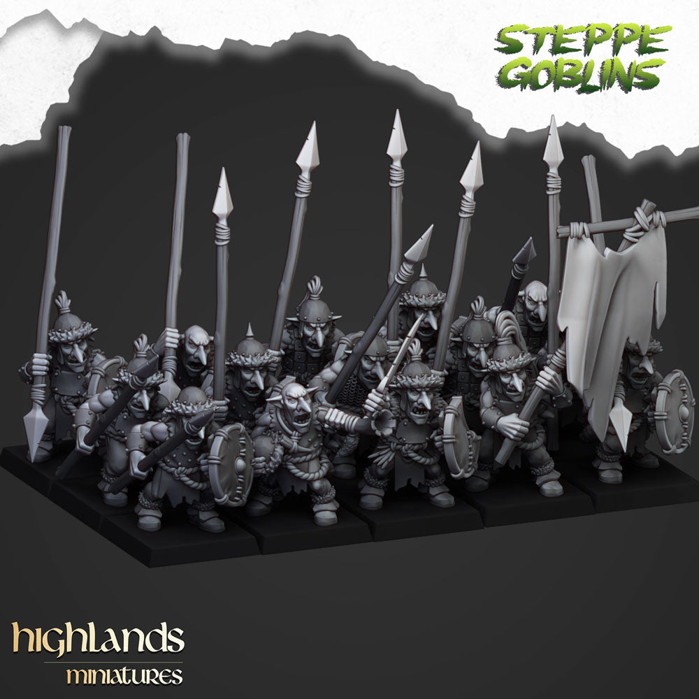 Steppe goblin infantry unit with spears and shields render