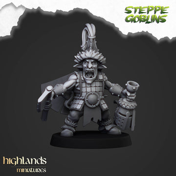 Steppe goblin hero holding an axe in one hand and the helmet of a defeated foe in the other render