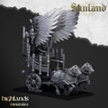 A 3d render of the Sunland altar on wagon drawn by two warhorses and carrying a priest