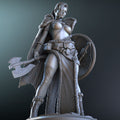 A 3d render of the topless Gunnhild statue, carrying an axe and shield