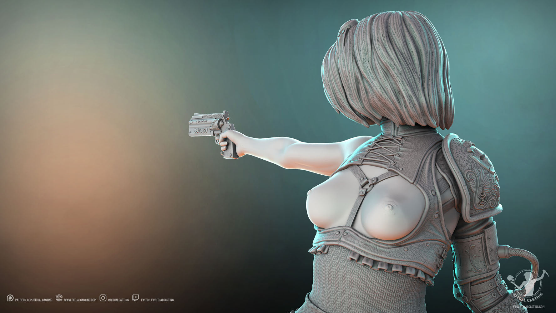 Felicia pointing a gun away from the camera at something NSFW closeup render