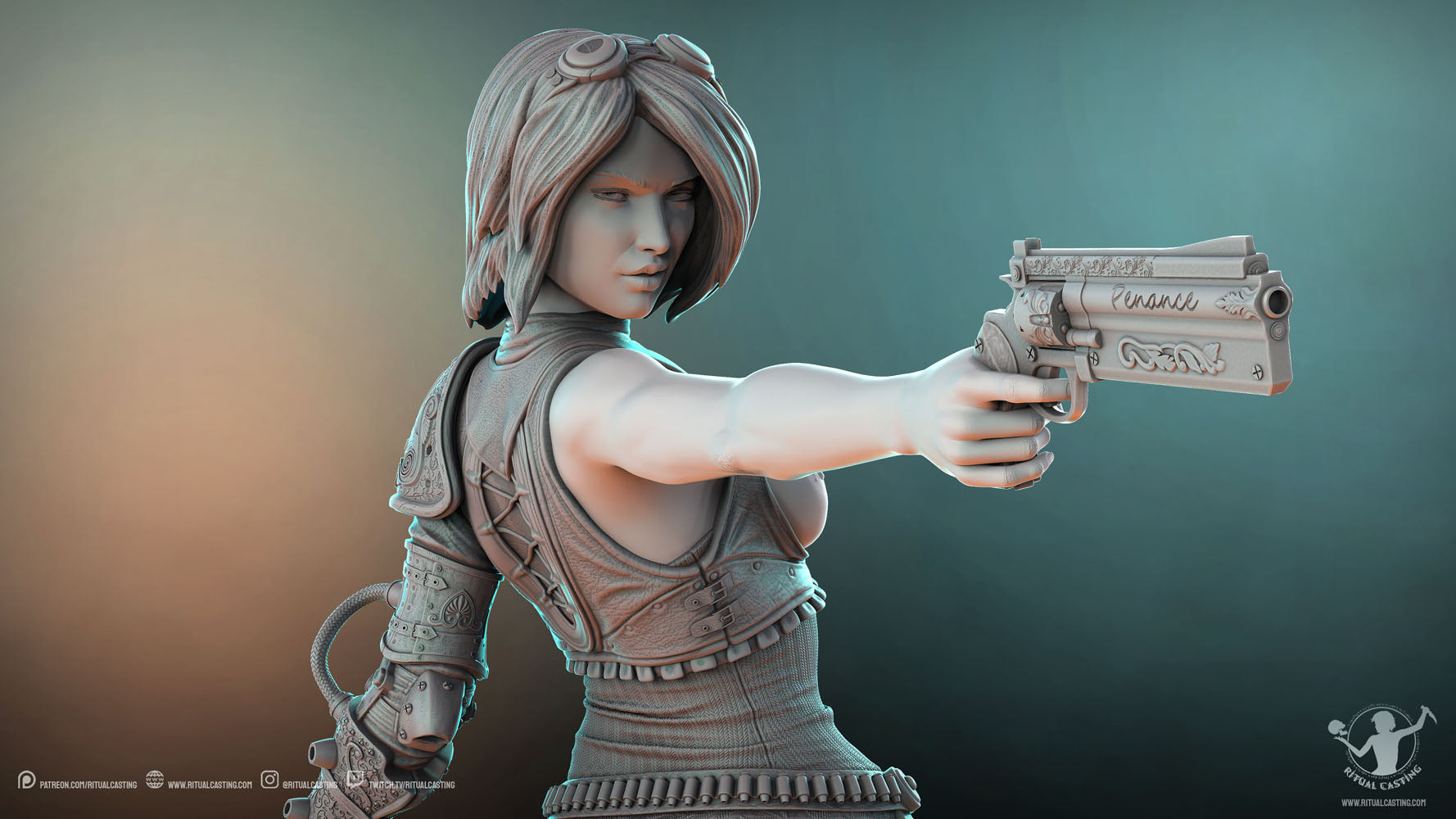 Felicia pointing a gun toward the camera at something NSFW closeup render