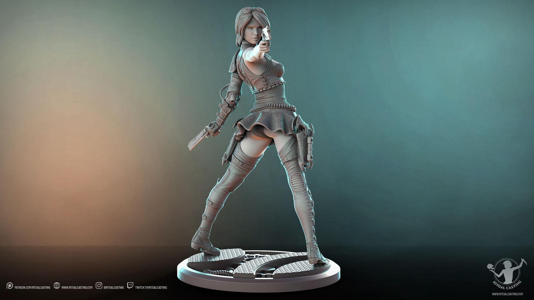 Felicia looking along the barrel of her gun toward the camera full body render from behind