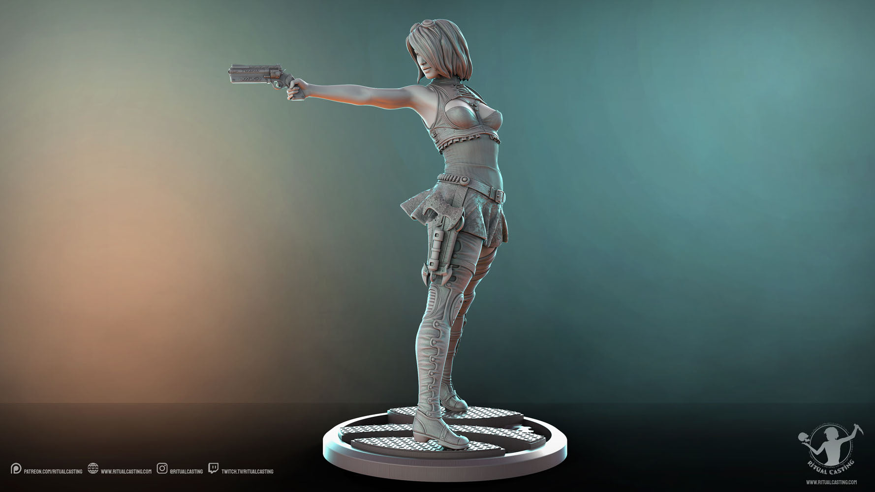 Felicia looking along the barrel of her gun toward the camera full body render from her right