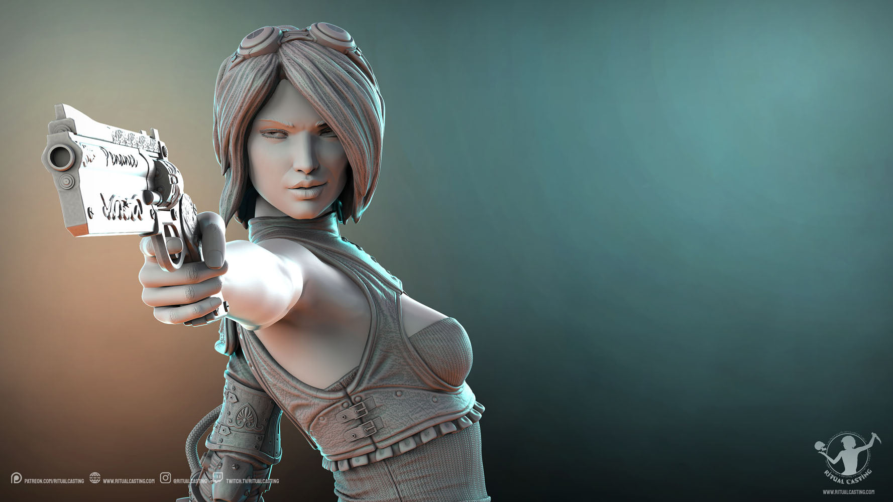 Felicia looking toward the camera as she points a gun closeup render