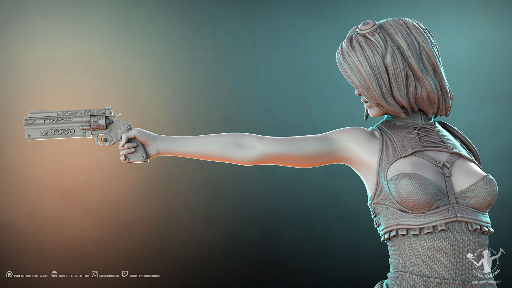 Felicia pointing a gun at something closeup render