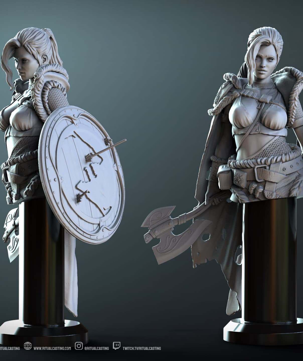 A 3d render of the clothed Gunnhild bust carrying an axe and shield