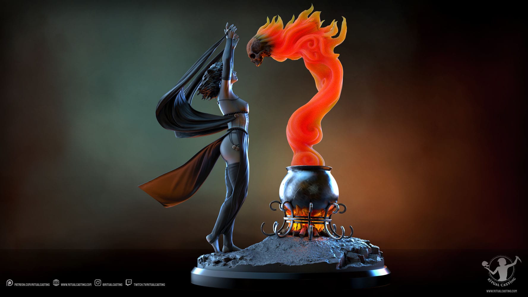 A 3d render of Lyra topless summonding a demon from a cauldron