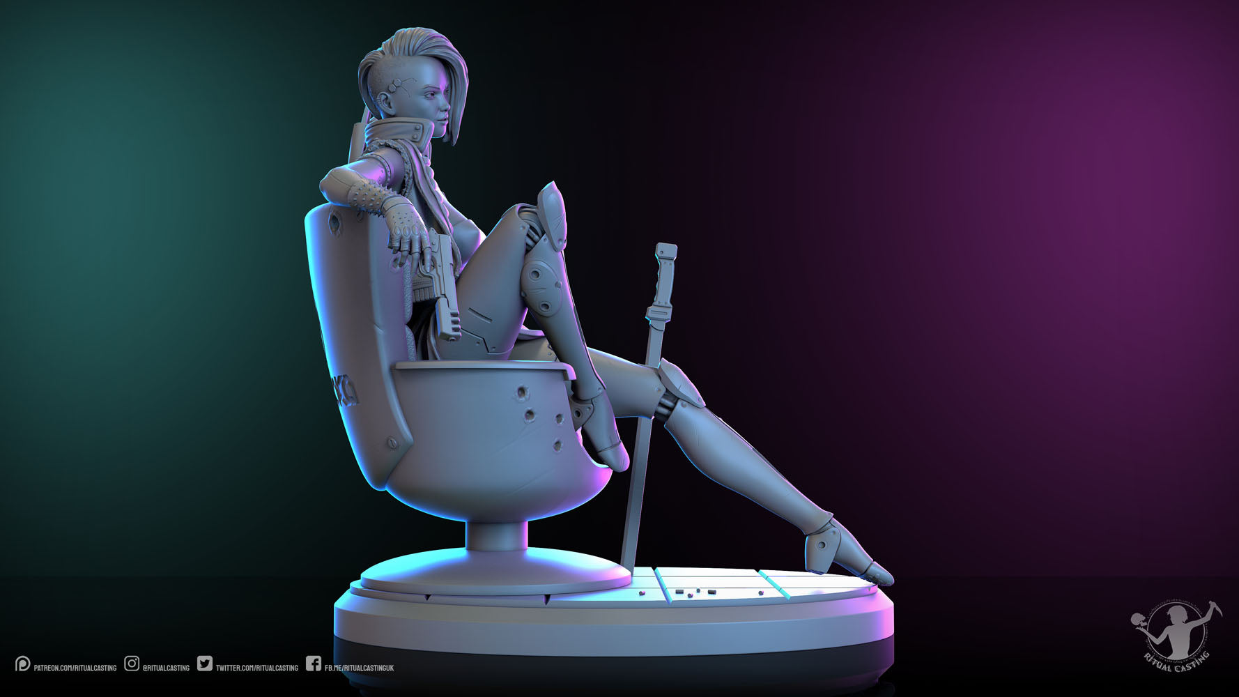 Molly Mayhem sitting in a chair right side on render