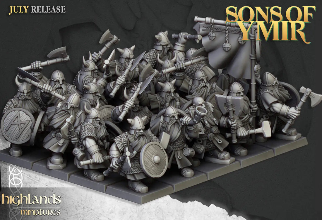 A 3d render of a Dwarf warriors unit carrying hand axes and shields