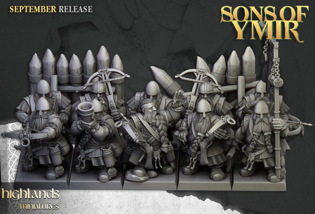 A 3d render of the a Sons of Ymir dwarf crossbowmen unit with a barricade