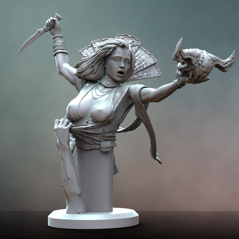 A 3d render of the simple plint bust of Alara holding a demon skull in one hand and a dagger in the other