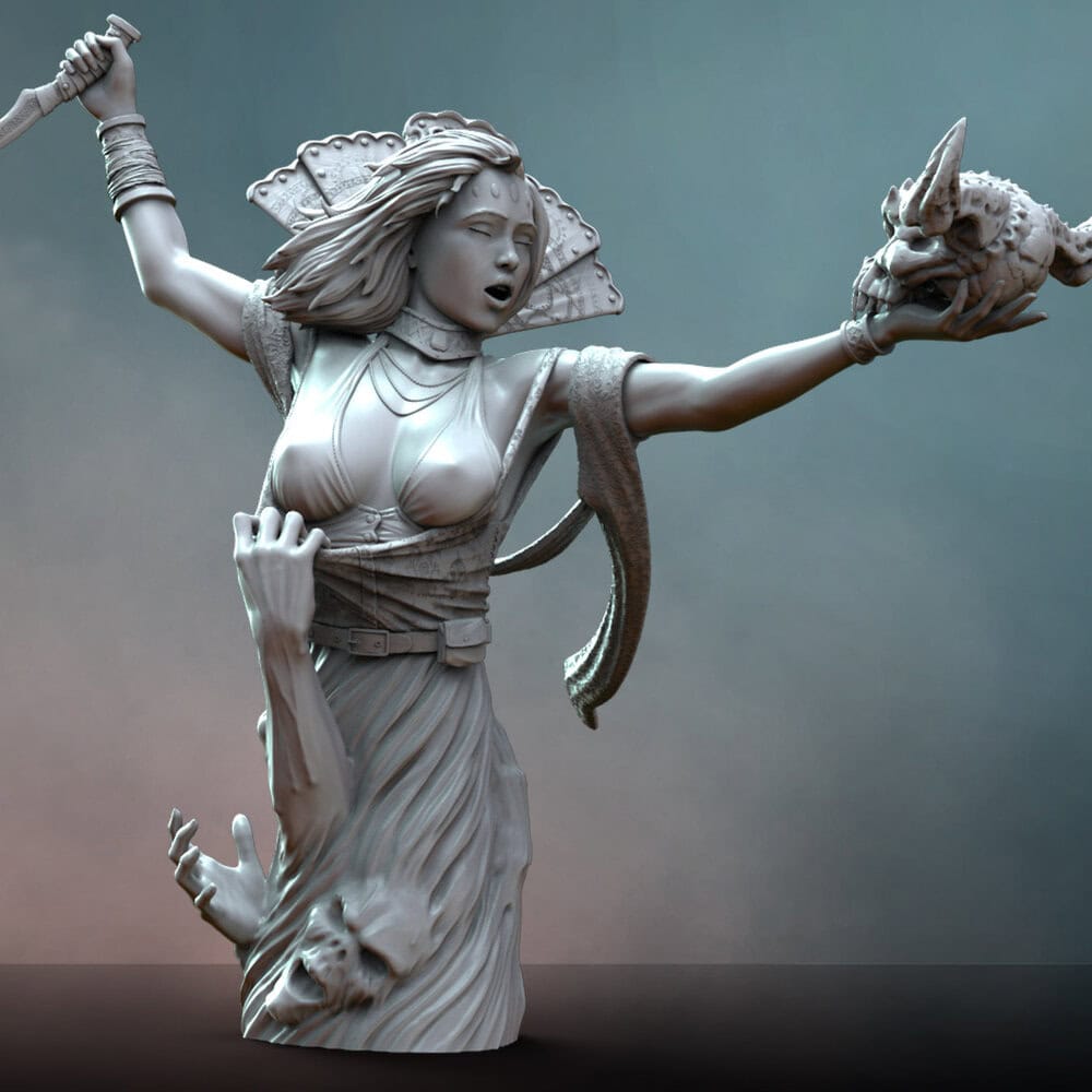 A 3d render of the bust of Alara holding a skull in one hand and a dagger in the other